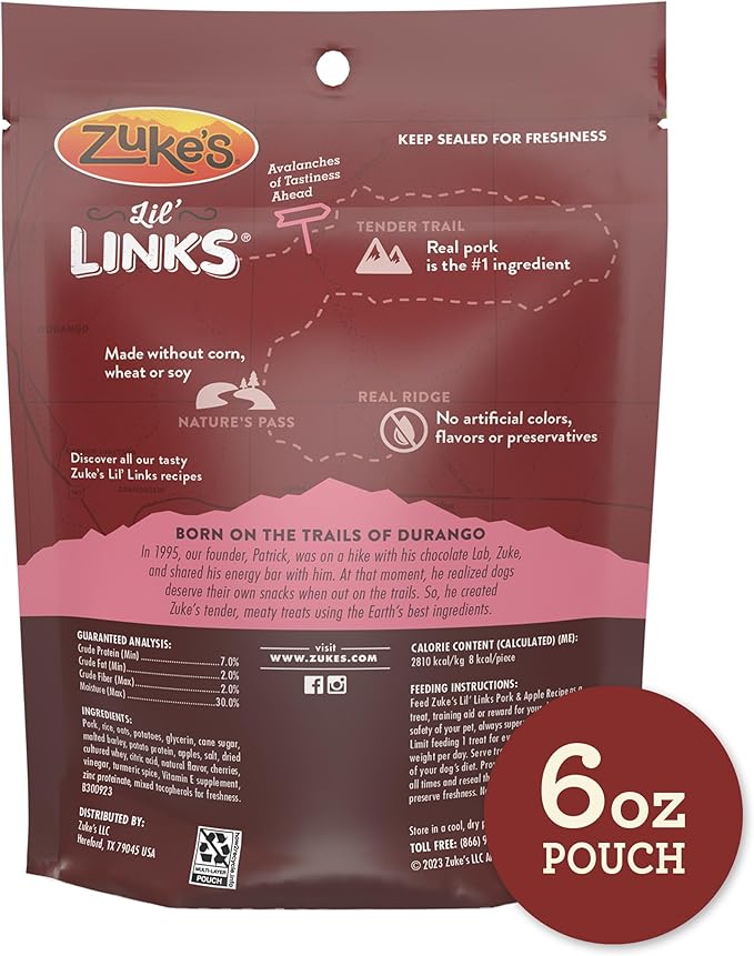Zuke’s Lil’ Links Dog Treats for Dogs of All Sizes, Snacking Sausage Treats for Dogs, Pet Treats made with Real Pork & Apple, 6 oz. Resealable Pouch - 6 oz. Bag