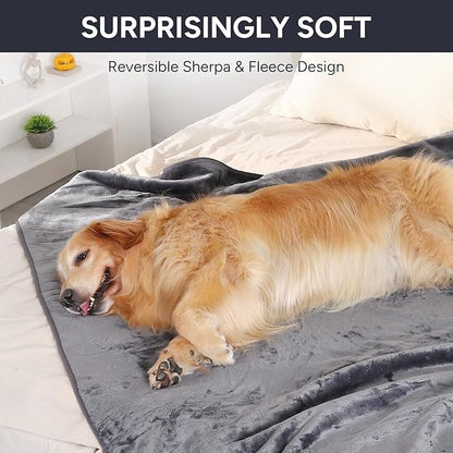 Waterproof Dog Blanket Bed Cover for Bed Couch Sofa, Liquid Pee Proof Pet Blanket Washable, Reversible Sherpa Fleece Blanket Furniture Protector for Medium Large Dogs Cats（Gray, 50"x 60"）