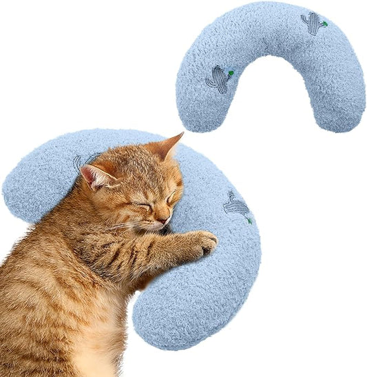 T'CHAQUE Dog Pillow Bed, Cat Calming Pillow, Dog Neck Pillow for Joint Relief Sleeping, Ultra Soft Half Donut Cuddler, Pillow Pet for Upper Spine Support, Doggy/Kitten Pillow Training Toy, BlueCactus