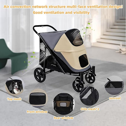 Dog Stroller for Medium/Large Dogs One-Click Folding Totoro ball 4 Wheel Pet Stroller Foldable Dog Stroller for 2 Dogs Jogger Stroller with Storage Pocket Suitable for Pets Up to 110LBS (Beige&Grey)