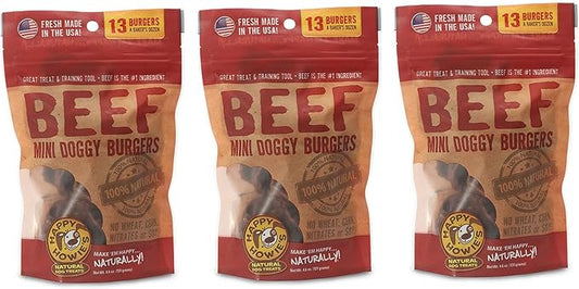 Happy Howie's Mini Doggy Burgers - Natural Healthy Dog Treats, Made with Real Beef, Long Lasting, Chewy, Hormone and Gluten Free - Beef, (Pack of 3)