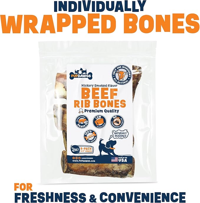 Single Ingredient Dog Bones - Made in USA - Small Beef Rib Bones - Natural Dog Bones for Aggressive Chewers - from USDA Inspected Beef - Hickory Smoked - Wrapped in Sets of 5 (5 Piece Pack)