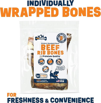 Single Ingredient Dog Bones - Made in USA - Small Beef Rib Bones - Natural Dog Bones for Aggressive Chewers - from USDA Inspected Beef - Hickory Smoked - Wrapped in Sets of 5 (5 Piece Pack)