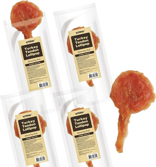 Turkey Tendon for Dogs, Turkey Tendon Lollipop Pack of 4, 100% Natural, USA-Sourced, High-Protein, Low-Fat, Grain Free, Chew, Rawhide Alternative, Hypoallergenic Puppy & Dog Treats