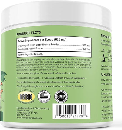Premium Green Lipped Mussels for Dogs – Pure New Zealand Green Lipped Mussel Powder with Blue Lipped Mussels for Dogs – for Hip and Joint Flexibility, Mobility, Strength, Tendons and Muscles – 2.60oz