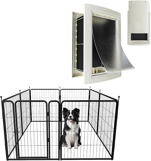 MESTYL Dog Door for Wall and Dog Play Pen Indoors, Heavy Duty Metal Puppy Playpen, Portable Dog Exercise Pen Temporary Pet Fence with Gate, 32" Height 8 Panels