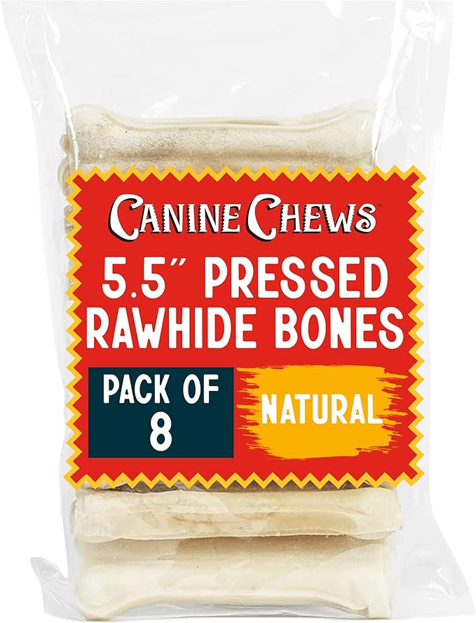 Canine Chews Pressed Rawhide Bones for Large Dogs - 5.5" Long Lasting Dog Chews - Compressed Beefhide Large Dog Chew Bones - Chew Toy Dog Bones - Raw Hide Bones Dog for Aggressive Chewers (5.5", 8pk)