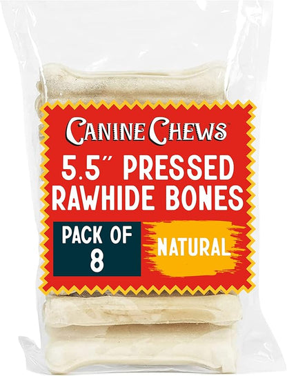 Canine Chews Pressed Rawhide Bones for Large Dogs - 5.5" Long Lasting Dog Chews - Compressed Beefhide Large Dog Chew Bones - Chew Toy Dog Bones - Raw Hide Bones Dog for Aggressive Chewers (5.5", 8pk)