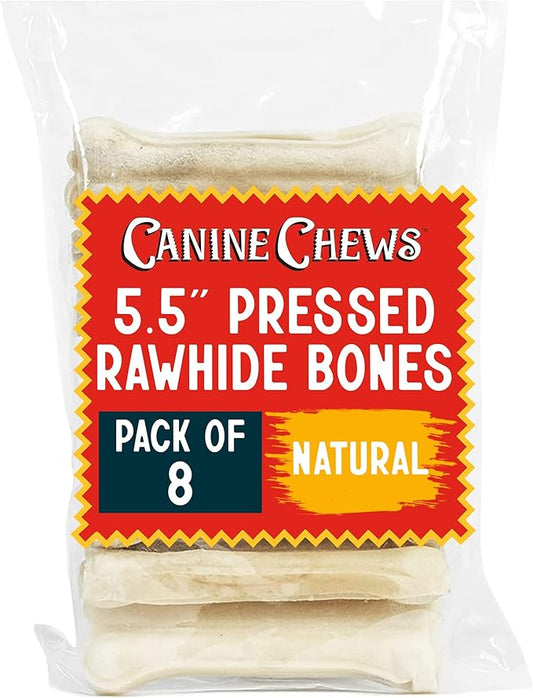 Canine Chews Pressed Rawhide Bones for Large Dogs - 5.5" Long Lasting Dog Chews - Compressed Beefhide Large Dog Chew Bones - Chew Toy Dog Bones - Raw Hide Bones Dog for Aggressive Chewers (5.5", 8pk)