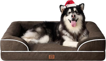 EHEYCIGA Orthopedic Dog Beds for Extra Large Dogs, Waterproof Memory Foam XXL Dog Bed with Sides, Non-Slip Bottom and Egg-Crate Foam Big Dog Couch Bed with Washable Removable Cover, Brown