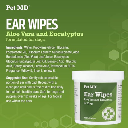 Pet MD - Dog Ear Cleaner Wipes - Otic Cleanser for Dogs to Stop Ear Itching, and Infections with Aloe and Eucalyptus - 100 Count