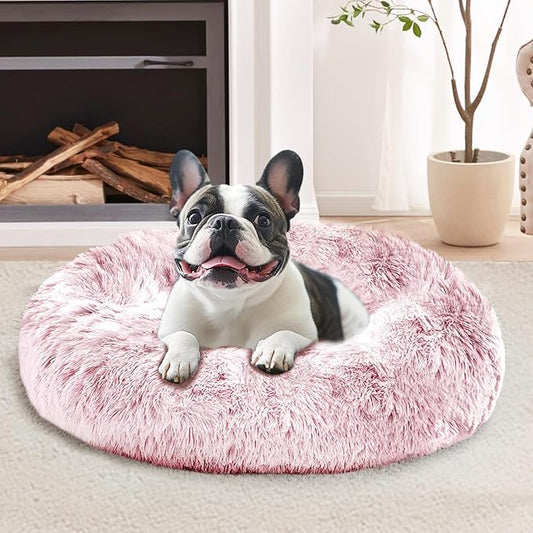 JOLLYVOGUE Dog Bed Cat Bed, Anti-Anxiety Small Dog Bed, Calming Donut Dog Bed for Puppy, Cozy Cat Bed, Fluffy Dog Beds for Small Dogs, Washable Round Puppy Bed for Indoor Pets (20"/Smoke Pink