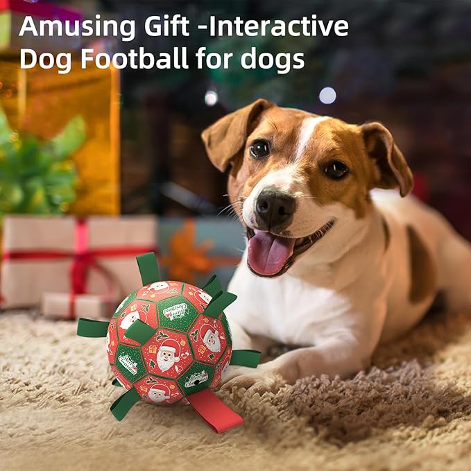 QDAN Christmas Dog Toys Soccer Ball with Straps, Outdoor Interactive Dog Toys for Tug of War, Puppy Birthday Gifts, Dog Tug Toy, Dog Water Toy, Durable Dog Balls for Medium & Large Dogs（8 Inch）