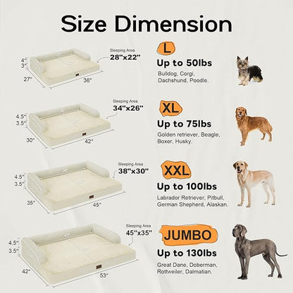 Large Dog Bed Orthopedic Washable - Beds Bolster Pet - XXXL Large Big Dogs - Memory Foam - Couch Sofa Bed- Waterproof with Removable Cover - Beige Dog Bed