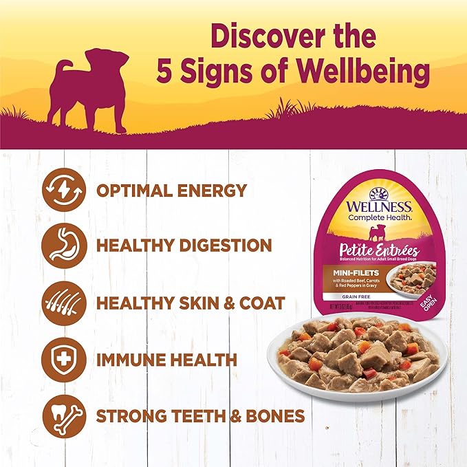 Wellness Petite Entrees Mini Fillets Grain Free Natural Wet Small Breed Dog Food, Roasted Beef, Carrots & Red Peppers, 3-Ounce Cup (Pack of 24)