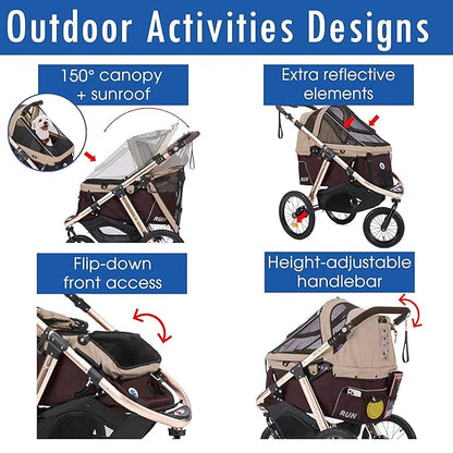 HPZ Pet Rover Run Performance Jogging Sports Stroller with Comfort Rubber Wheels/Zipper-Less Entry/1-Hand Quick Fold/Aluminum Frame for Small/Medium Dogs, Cats and Pets (Taupe)