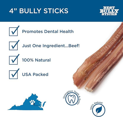 Best Bully Sticks 4 Inch Bully Sticks for Dogs - 100% Natural, Grass-Fed Beef, Dog Bully Sticks for Small Dogs and Puppies - Grain and Rawhide Free Bully Stick Dog Chews | 8 oz