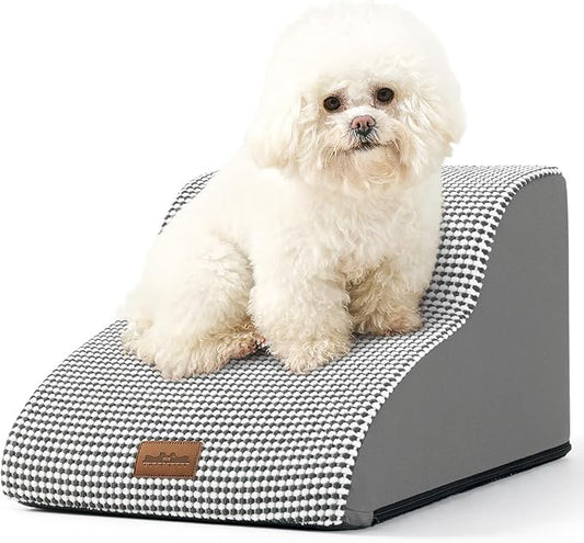 Curved Dog Stairs for Chair, Small Dogs Steps for Cat, Sofa or Couch, Pet Ramp with Leakproof Fabric Cover, Lightweight, High Density Foam, Durable, 15.7x19.7x11.8in, 2 Tiers, White Black