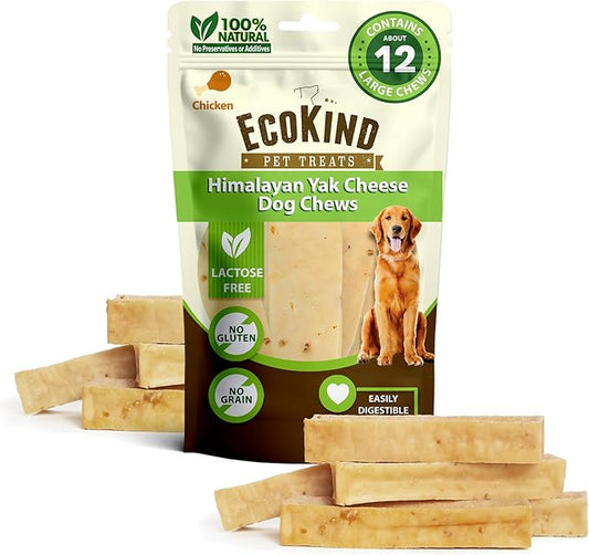 EcoKind Premium Gold Yak Cheese Himalayan Dog Chews, Dog Treats Large Breed, All Natural, High Protein Dog Chew, Chicken, Large - 12+ Chews (3 lbs)