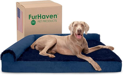 Furhaven Memory Foam Dog Bed for Large Dogs w/ Removable Bolsters & Washable Cover, For Dogs Up to 125 lbs - Plush & Velvet L Shaped Chaise - Deep Sapphire, Jumbo Plus/XXL