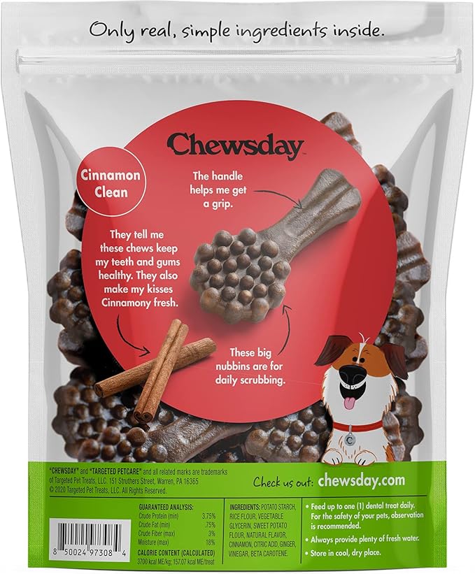Chewsday Large Cinnamon Clean Daily Dental Dog Chews, Made in The USA, Natural Highly-Digestible Oral Health Treats for Healthy Gums and Teeth - 28 Count