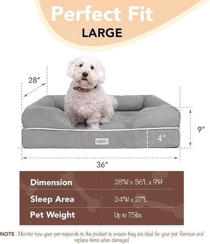 Friends Forever Large Dog Bed, Orthopedic Dog Sofa Memory Foam Mattress, Calming Dog Couch Bed, Wall Rim Pillow, Water Resistant Liner, Washable Cover, Non-Slip Bottom, Chester, Large Khaki Beige