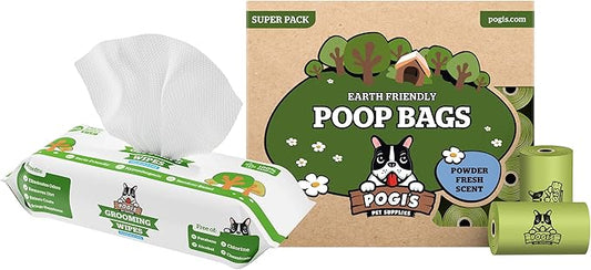 Pogi's Special Edition Poop n' Wipe Pack - 30 Powder Fresh Scented Rolls (450 Bags) and 1 resealable Pack of 100 Dog Grooming Fresh Wipes.