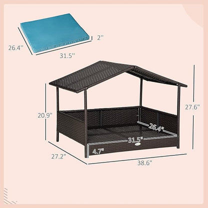 PawHut Wicker Dog House Outdoor with Canopy, Rattan Dog Bed with Water-Resistant Cushion, Raised Dog Bed for Small, Medium Dogs up to 66 lbs, 19.75" in Length, Brown Wicker, Blue Cushion