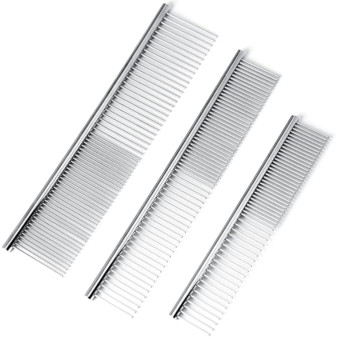 [3 Pack] Stainless Steel Pet Comb Set – Grooming Combs for Dogs & Cats, Large Medium Small Sizes – Detangler, Undercoat Rake, Flea Removal Tool for Long, Short, Curly Hair