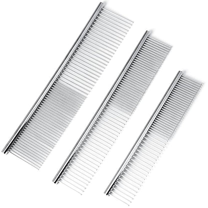 [3 Pack] Stainless Steel Pet Comb Set – Grooming Combs for Dogs & Cats, Large Medium Small Sizes – Detangler, Undercoat Rake, Flea Removal Tool for Long, Short, Curly Hair
