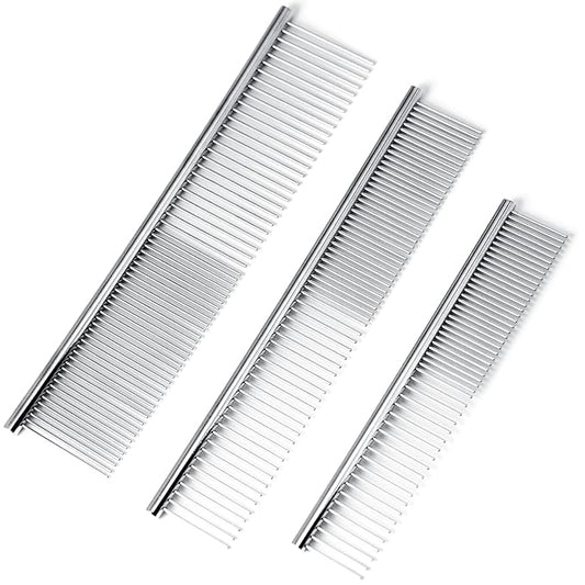 [3 Pack] Stainless Steel Pet Comb Set – Grooming Combs for Dogs & Cats, Large Medium Small Sizes – Detangler, Undercoat Rake, Flea Removal Tool for Long, Short, Curly Hair