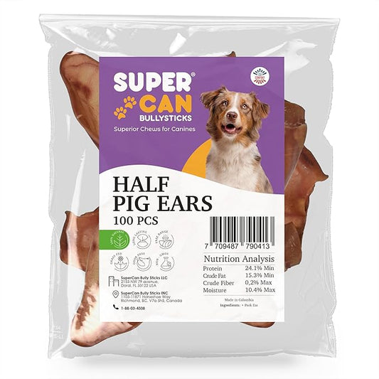 SUPER CAN BULLYSTICKS Half Pig Ears for Dogs (100 Count) - All Natural Healthy Digestible Dog Chews - Long-Lasting Pig Ears Treats for Small, Medium, & Large Dogs