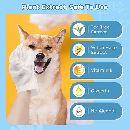 Vannon Portable Pet Bathing Wipes for Dogs & Cats, Cleaning & Odor-Controlling Extra Thick Grooming Glove Wipes for Daily Care and Traveling, Rinse Free, Nourish Fur, Individually Packaged, 5 PCS
