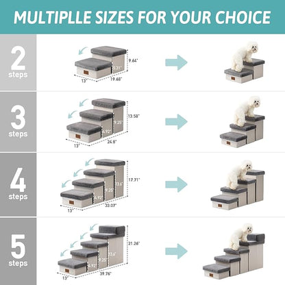 Dog Stair for Small Dogs with Storage, 13.6" H Foldable Pet Step with Soft Leakproof Cover, Older Cat Ramp for Chair Couch Sofa, Lightweight, Comfort, 24.8x13x13.6 inch, 3 Tiers, Grey