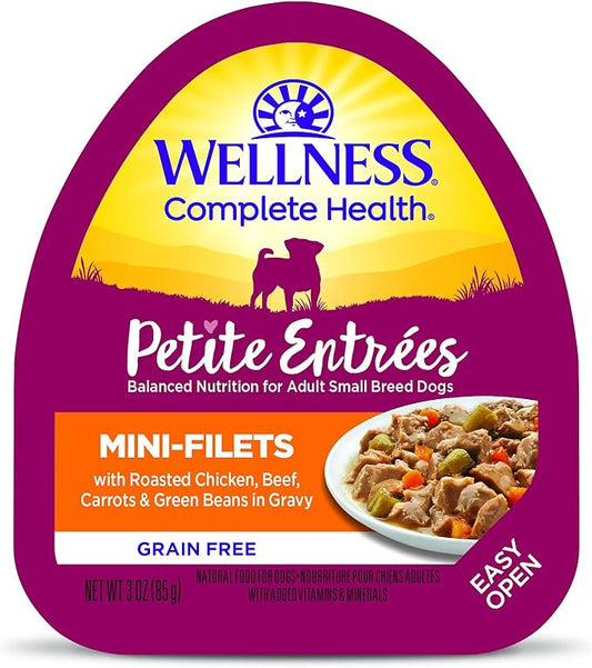 Wellness Petite Entrees Mini Fillets Natural Wet Small Breed Dog Food, Roasted Chicken, Beef, Carrots & Green Beans, 3-Ounce Cup (Pack of 24)