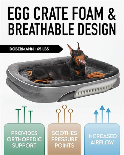 OhGeni Orthopedic Dog Bed for Jumbo Dogs, Dog Couch Design with Egg Foam Support, Removable, Washable Plush Cover and Non-Slip Bottom with Four Sided Bolster Cushion (Gray)