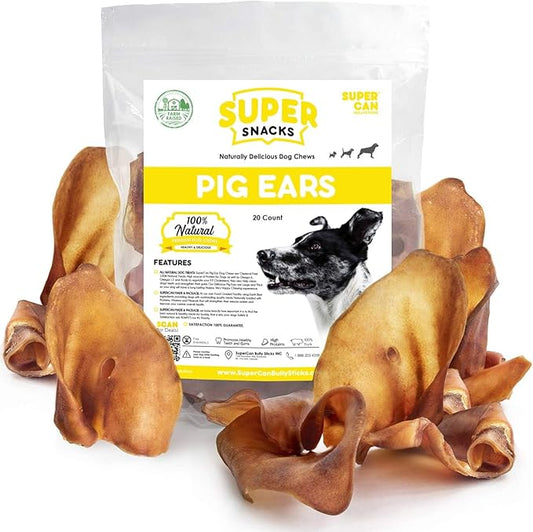 SUPER CAN BULLYSTICKS Natural Whole Pig Ears for Dogs (100 Count) - 100% Natural Pork Ear for Dogs - Easily Digestible Natural Dog Chews for Medium-Large Dogs