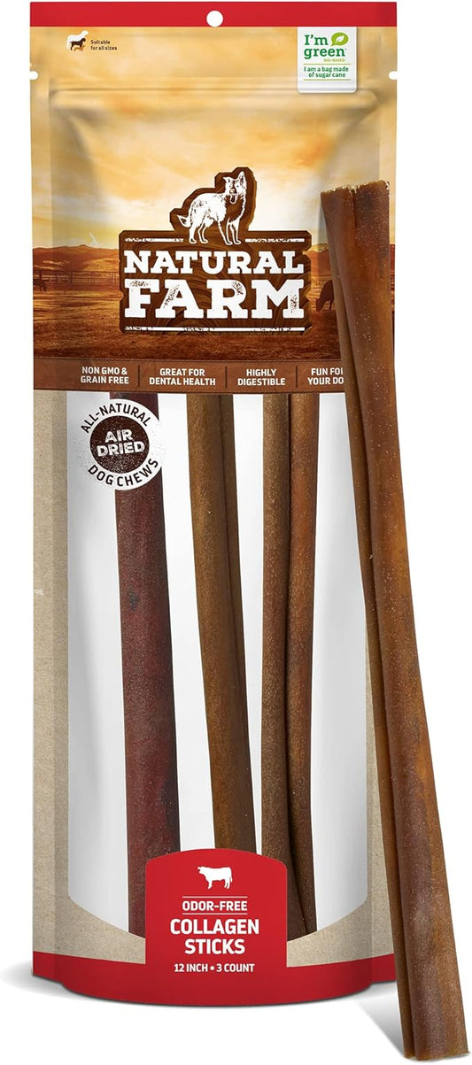 Natural Farm Odor-free Collagen Dog Chews (12 Inch, 3 Pack), Long Lasting Bully Sticks & Rawhide Alternative Dog Treats, 95% Collagen Low Fat, High Protein Best Dental Dog Treats – Medium & Large Dogs