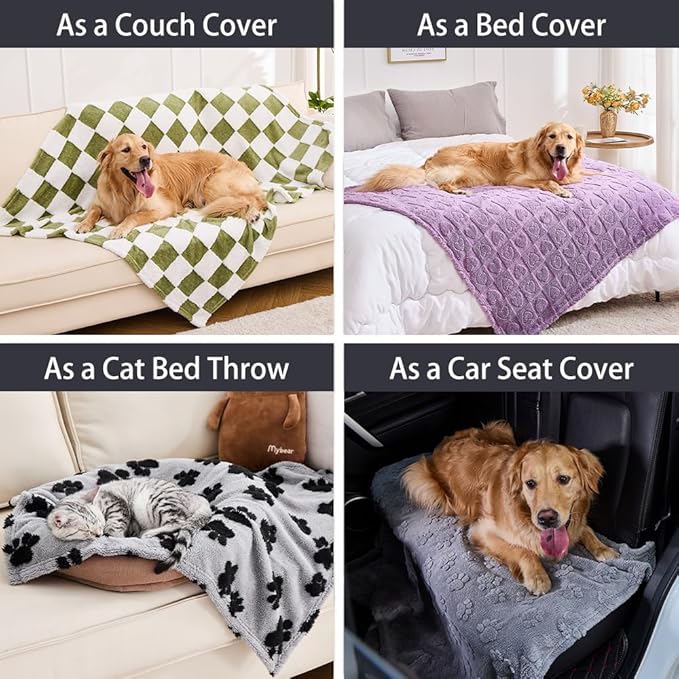 Qeils Jacquard Dog Blankets for Small Dogs, Cozy Calming Blanket for Indoor Cats, 280GSM Coral Fleece Plush Fluffy Throw Blanket, Black Paws, 25x30IN