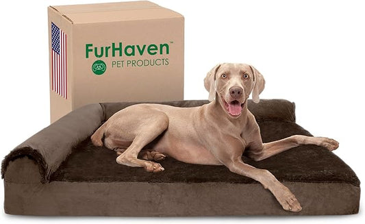 Furhaven Memory Foam Dog Bed for Large Dogs w/ Removable Bolsters & Washable Cover, For Dogs Up to 125 lbs - Plush & Velvet L Shaped Chaise - Sable Brown, Jumbo Plus/XXL