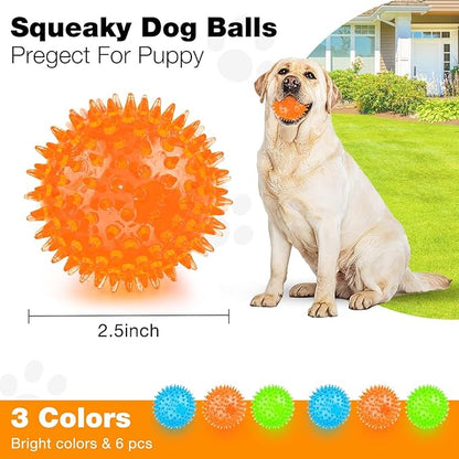 Puppy Toy 2.5” Squeaky Dog Balls Toys and Spikey Dog Ball for Aggressive Chewers for Small Dogs Dog Balls for Clean Teeth and Training （6 Pack