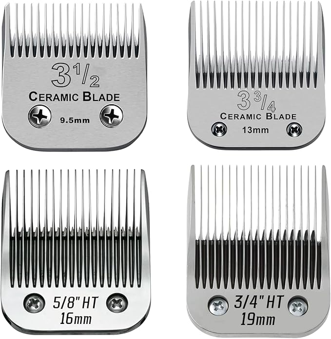 Detachable Pet Dog Grooming Ceramic Blade, Compatible with Ainds, Oster A5, Wahl KM-10 and Other Series Clippers, Size: 9.5~19mm Cut Length, Chrome. Sliver 4Pack.