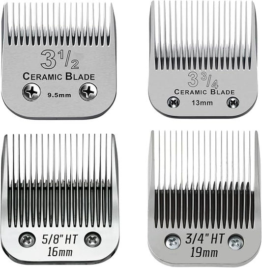 Detachable Pet Dog Grooming Ceramic Blade, Compatible with Ainds, Oster A5, Wahl KM-10 and Other Series Clippers, Size: 9.5~19mm Cut Length, Chrome. Sliver 4Pack.