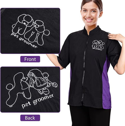 Noverlife Short Sleeves Pet Grooming Workwear With Full Zipper, XL Size, Anti-Static Beautician Smock, Lightweight Groomer Cosmetologist Uniforms Style Dog Cat Jacket for Men Women