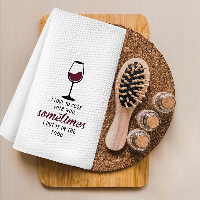 Red Wine Kitchen Towels, Gifts for Wines Lovers Women Dish Hand Towels for Kitchen Bar Cart, I Love to Cook with Wine Sometimes Decorative Bar Towels for Bartender, 16x34 Inch