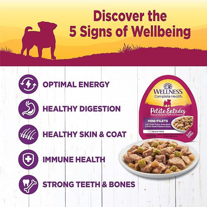Wellness Natural Pet Food Petite Entrees Mini Fillets Natural Wet Small Breed Dog Food, Tender Turkey, Green Beans & White Sweet Potato, 3-Ounce Cup (Pack Of 24)
