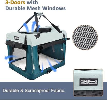 JESPET Soft Dog Crates Kennel for Pets, 3 Door Soft Sided Folding Travel Pet Carrier with Straps and Fleece Mat for Dogs, Cats, Shale Green, 36'' (8-Teal Blue, Large(30" L x 21" W x 23" H))
