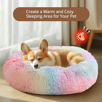 JOLLYVOGUE Dog Bed Cat Bed, Anti-Anxiety Small Dog Bed, Calming Donut Dog Bed for Puppy, Cozy Cat Bed, Fluffy Dog Beds for Small Dogs, Washable Round Puppy Bed for Indoor Pets (20"/Rainbow