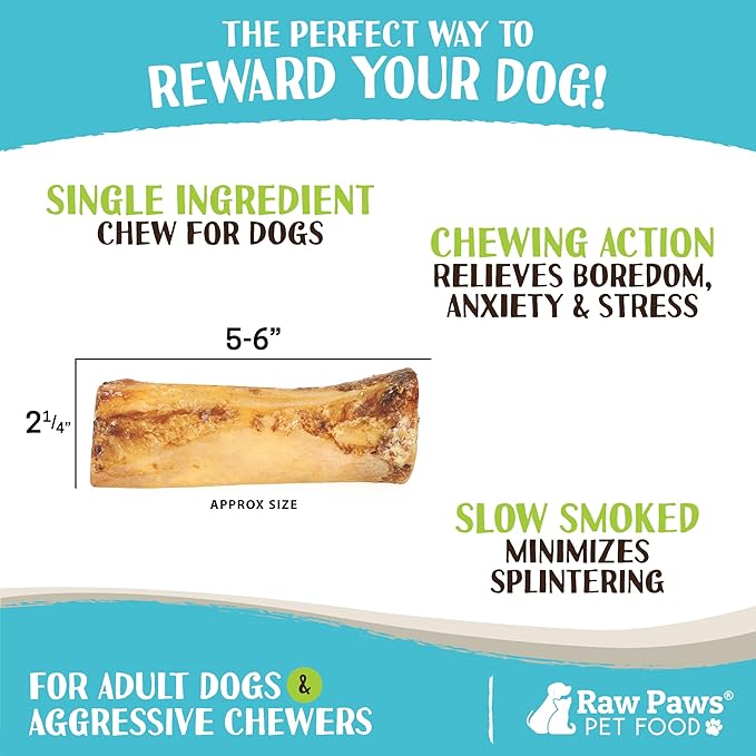 Raw Paws Smoked Beef Marrow Bones for Dogs - 6 inch, 4-ct - Packed in USA - Beef Bones for Dogs - Free Range Bone Marrow Treats for Dogs - Dog Chew Bones for Aggressive Chewers, Dog Marrow Bone Treats