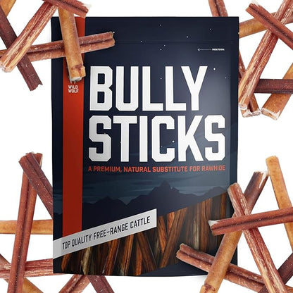 Wild Wolf 6-inch Angus Bully Sticks (8 Ounces) Healthy, All-Natural, Long-Lasting Dog Chew Bones - Odor-Free - Mixed Thickness